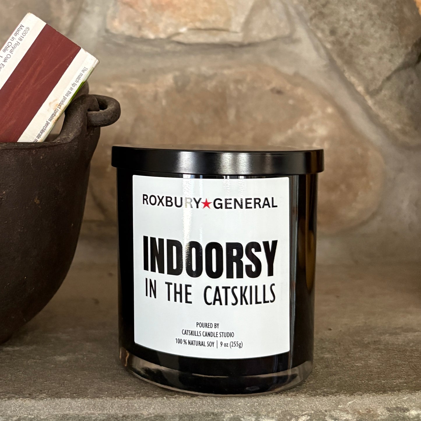 Indoorsy candle, hand poured, small batch Catskill scented candle, 9 oz. in black glass container.