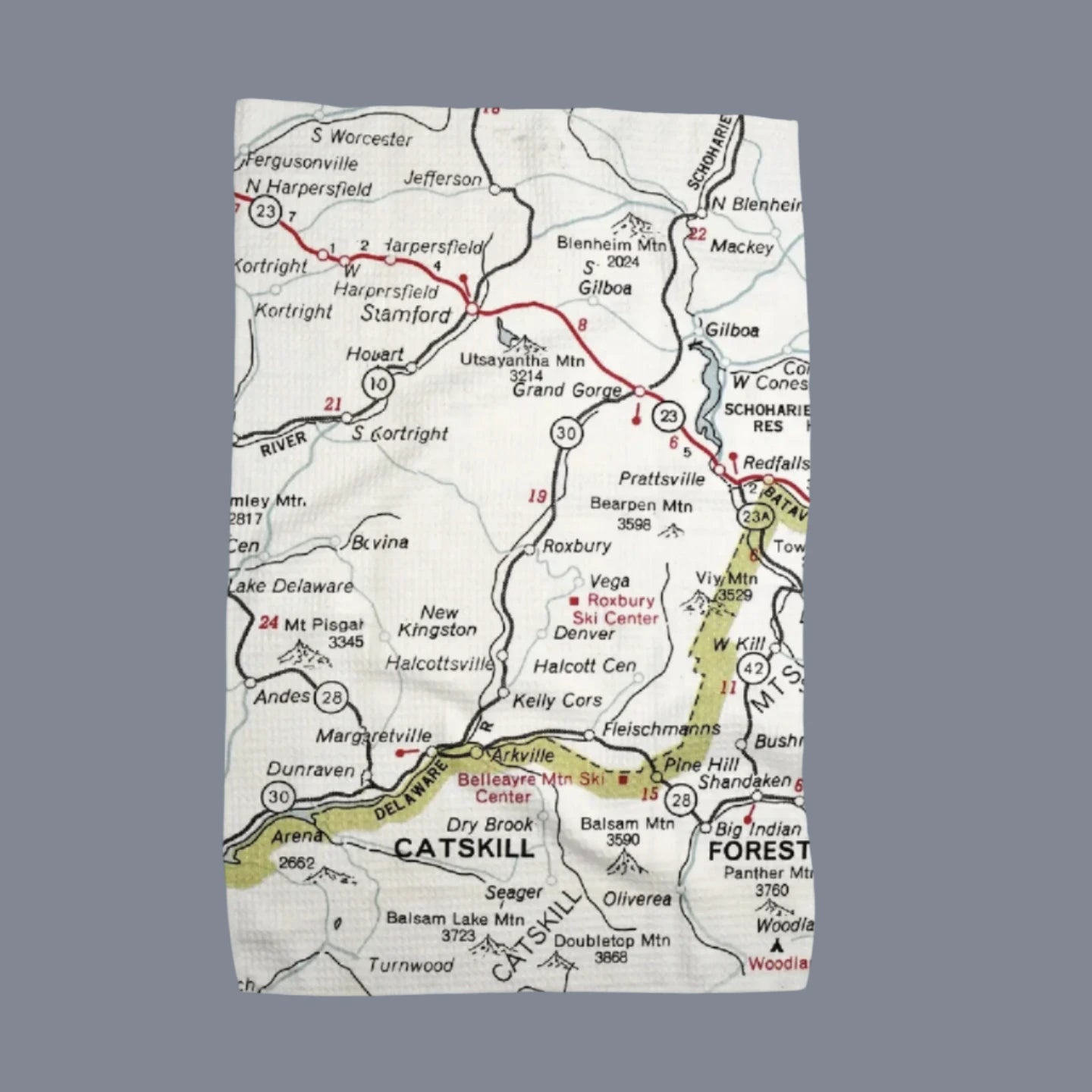Vintage map of Roxbury and the Catskills printd on a waffle weave tea towel