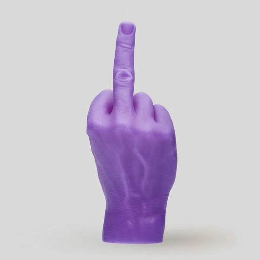 life size candle cast from actual hand with third finger gesture in purple.
