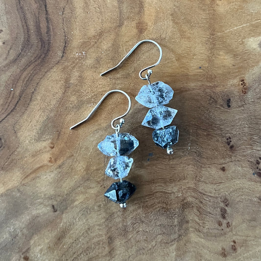 3 stone Herkimers , grey to black diamonds, dangling earrings on silver ear wires.